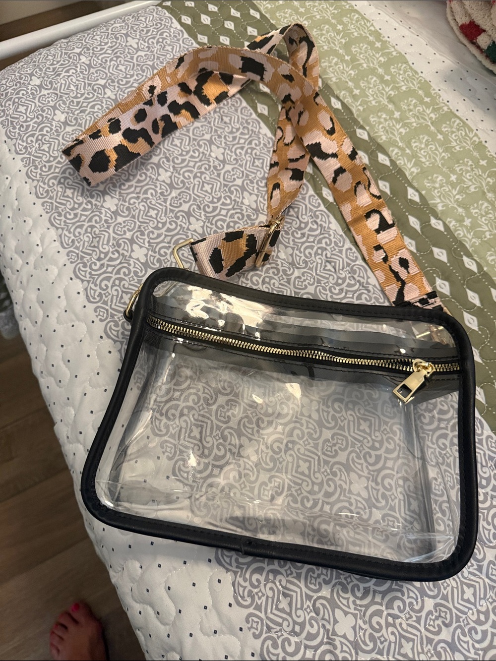 Clear Crossbody Bag with Leopard Print Strap - Black Trim